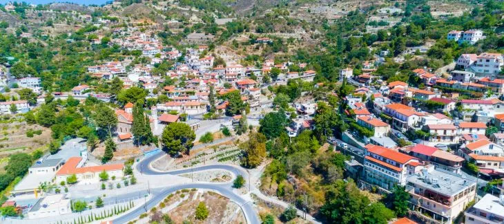 Traditional village of Agros surrounded by hills and rose gardens