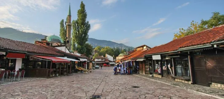 Traditional shops and cobbled streets in Bascarsija Old Town, Sarajevo