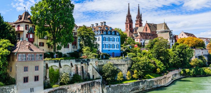 Rhine River and medieval buildings in the city of Basel