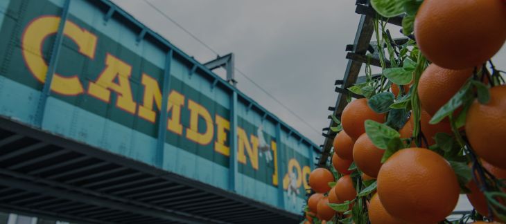 Bustling crowd at Camden Market with food stalls and street art