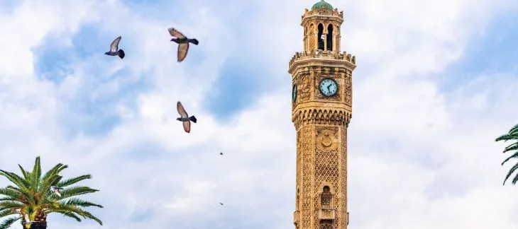 Seafront promenade and historic clock tower in Izmir city