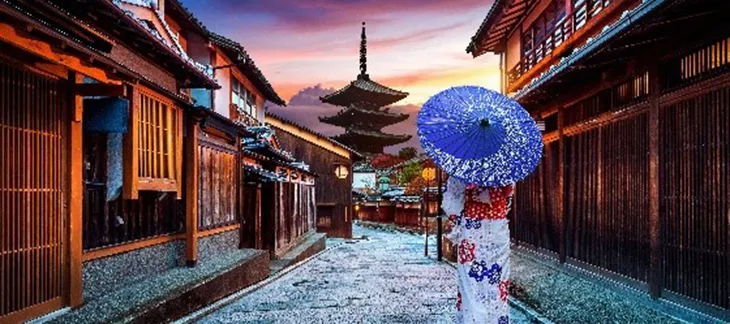 Traditional wooden buildings and lanterns in Kyoto’s Gion district