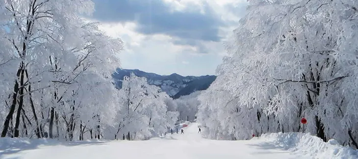 Snowy ski slopes and alpine scenery in Hakuba Valley