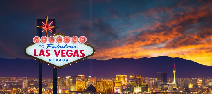 Bright neon lights and iconic resorts along the Las Vegas Strip