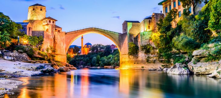 Iconic Stari Most stone bridge spanning the Neretva River in Mostar