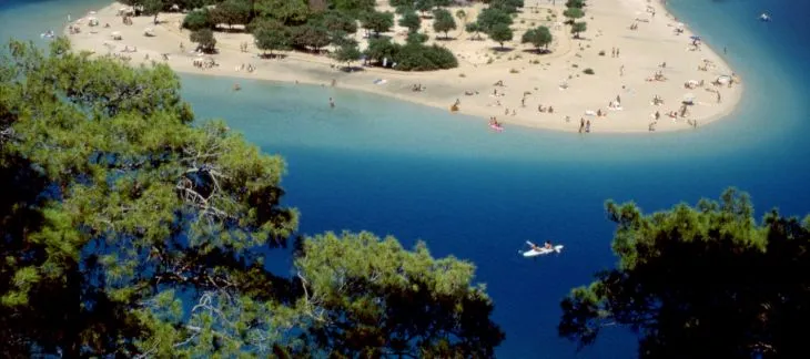 Famous Blue Lagoon and white sandy beach at Olu Deniz in Fethiye