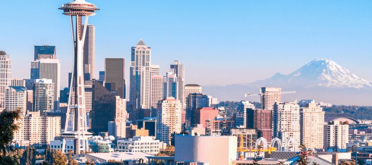 Space Needle with panoramic city and mountain views in Seattle