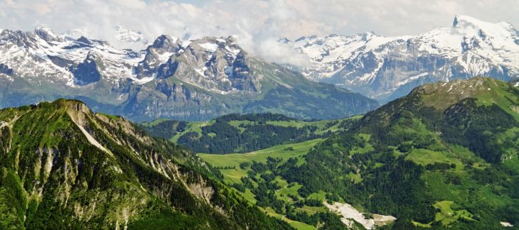 Breathtaking panoramic view of the snow-covered Swiss Alps