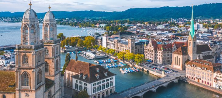 Panoramic view of Zurich with historic old town and Limmat River