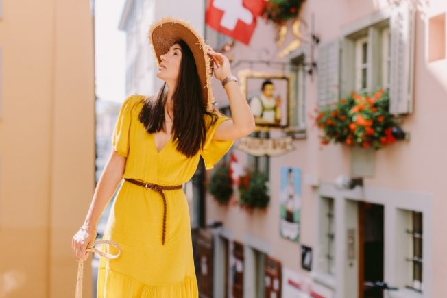 Arooha female tourist during Switzerland tour packages from Dubai in summer