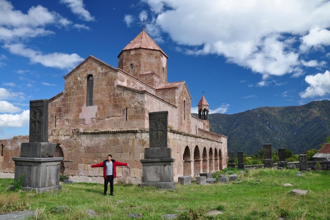 Arooha guest tourist near Odzun monastery in Armenia