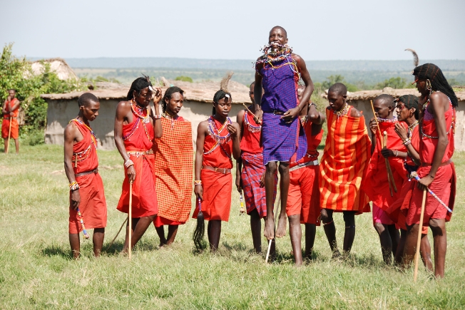 People gathered in traditional Maasai tribe dress