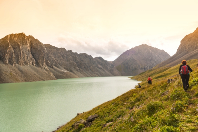 Arooha guest tourists at the Alakol lake in Kyrgyzstan